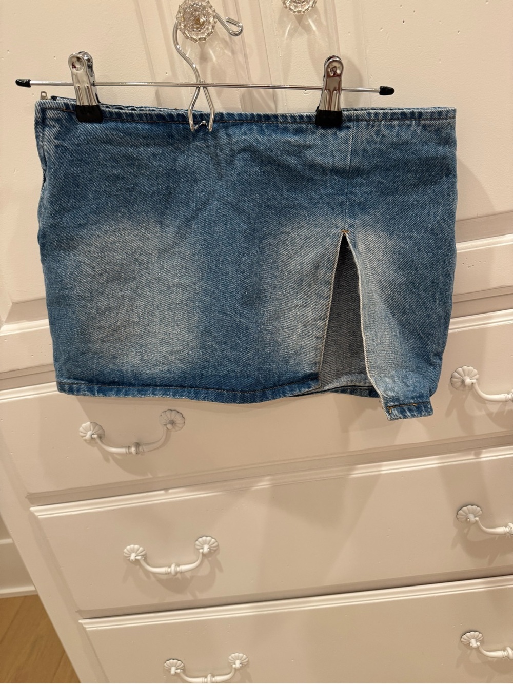 Edikted Denim Skirt with Pink Logo Tag